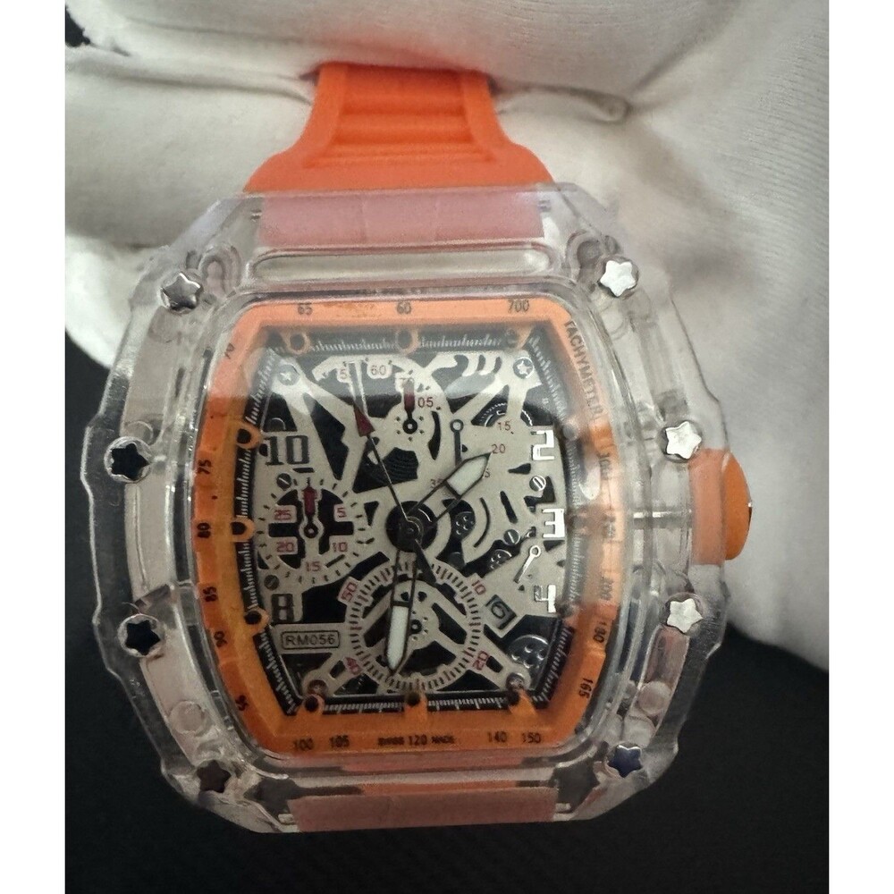 Skeleton Dial Quartz Chronograph Watch Clear Case Orange Rubber Strap